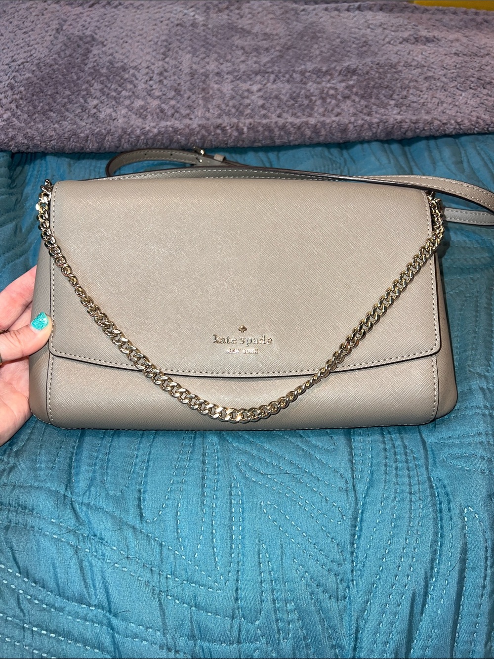 kate spade taupe leather crossbody with gold chain